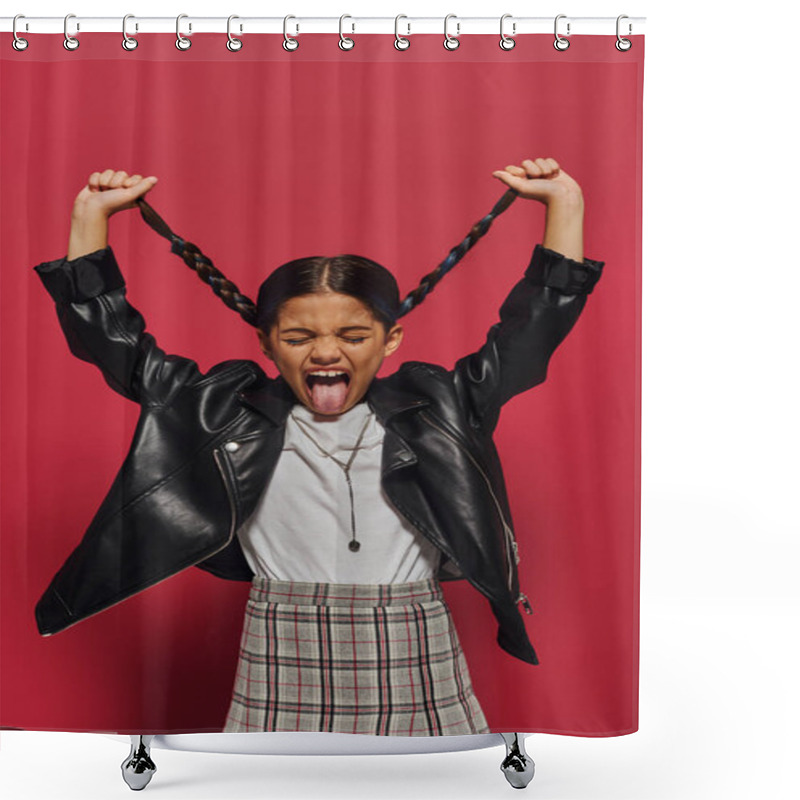 Personality  Mad Preadolescent Girl Sticking Out Tongue And Holding Hairstyle While Posing In Leather Jacket And Plaid Skirt And Standing On Red Background, Girl With Cool And Contemporary Look Shower Curtains