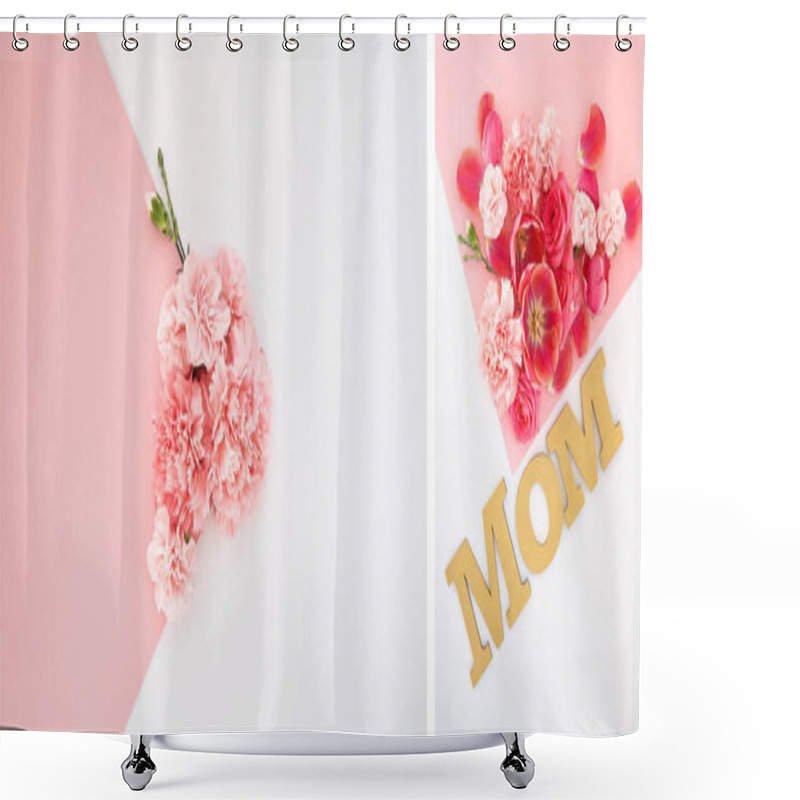 Personality  Collage Of Flowers And Mom Lettering On Pink And White Background Shower Curtains