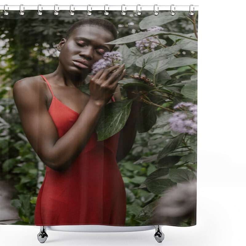 Personality  Fashionable Tender African American Girl In Red Dress Posing With Flowers Shower Curtains