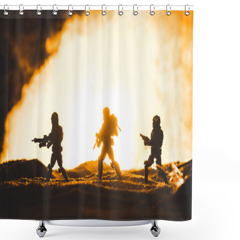 Personality  Silhouettes Of Toy Soldiers With Guns Walking On Planet With Sun In Smoke On Background Shower Curtains