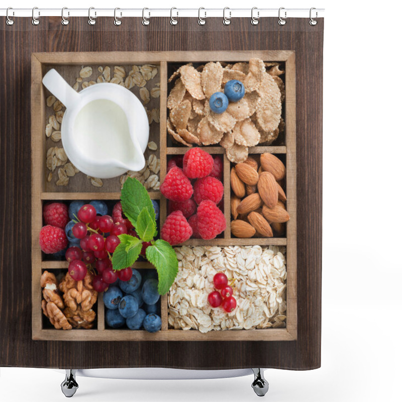 Personality  Wooden Box With Breakfast Items - Oatmeal, Granola, Nuts, Berry Shower Curtains