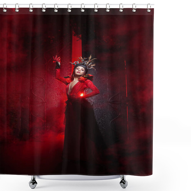 Personality  Beautiful Fashion Witch Woman With Horns In The Form Of Tree Roots In A Long Luxurious Dress On The Background Of A Huge Gate With Red Smoke. Halloween Concept Shower Curtains