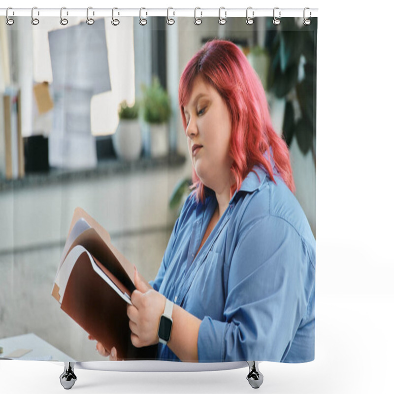 Personality  A Plus Size Woman With Pink Hair Reviews Documents While Sitting In An Office. Shower Curtains