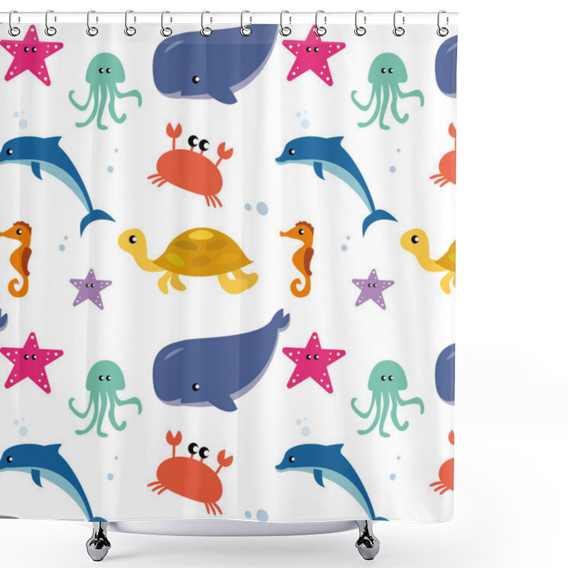 Personality  Pattern Of Flat Illustrations Of Marine Life Marine Fish And Animals. Dolphins And Whales, Sharks And Octopuses, Jellyfish And Seahorses. Set Of Cute Animals Icons Isolated On White Background. Shower Curtains