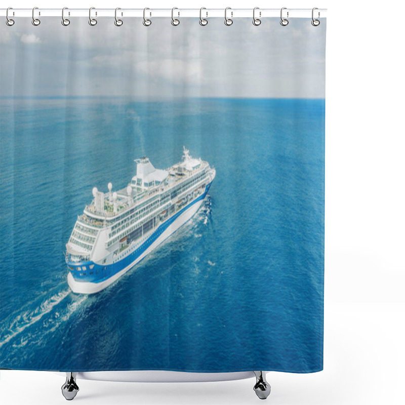 Personality  Cruise Ship Liner Sails In The Blue Sea Leaving A Plume On The Surface Of The Water Seascape. Aerial View The Concept Of Sea Travel, Cruises. Shower Curtains