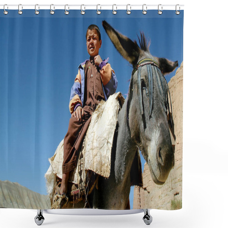 Personality  Bamyan (Bamiyan) In Central Afghanistan. A Young Boy Rides A Donkey Near To Cliffs In Bamyan (Bamiyan), Afghanistan. A Child Is Sitting On A Donkey. Afghan Boy, Child, Donkey, Afghanistan Shower Curtains