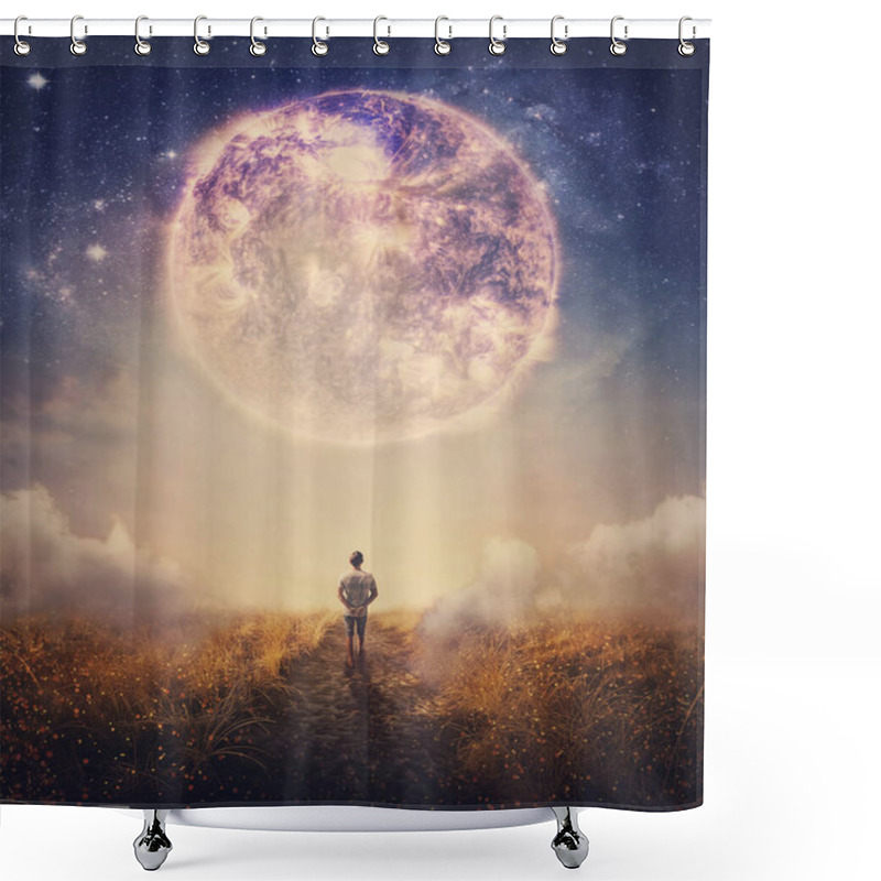 Personality  Dreamy Scene With A Person Walking A Pathway With The View To The Fantastic Cosmic Sky. Surreal Scene Of Adventure Concept. Following A Magical Nebula Shower Curtains