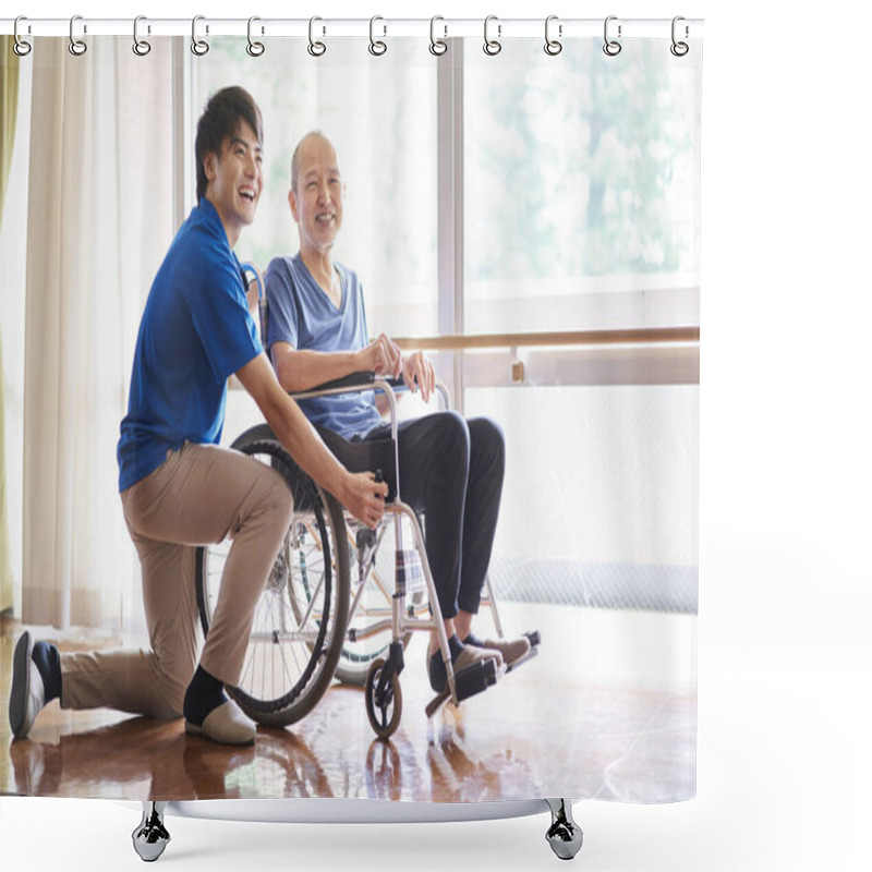 Personality  Wheelchair Riding Elderly And Caregivers Shower Curtains