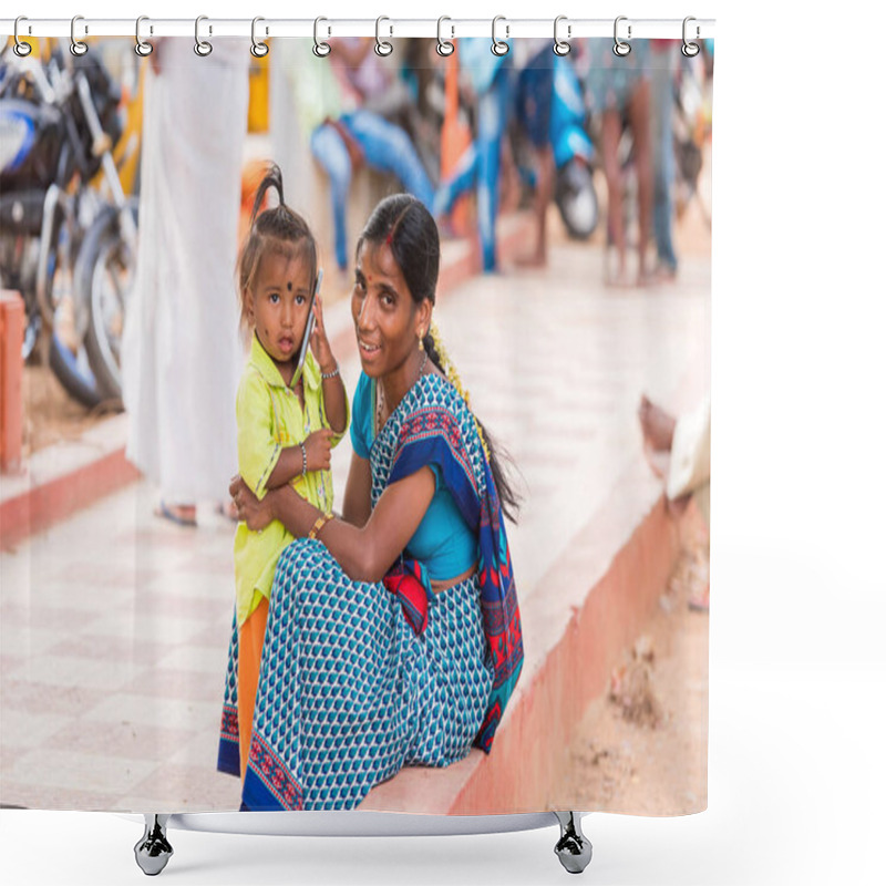 Personality  PUTTAPARTHI, ANDHRA PRADESH, INDIA - JULY 9, 2017: Little Indian Girl On Walk With Mum. Copy Space For Text. Shower Curtains