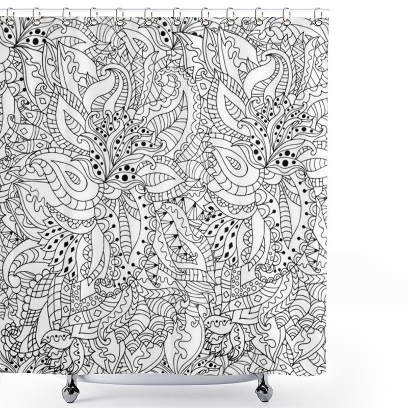 Personality  Hand Drawn Zentangle Flowers And Leaves Seamless Pattern Shower Curtains