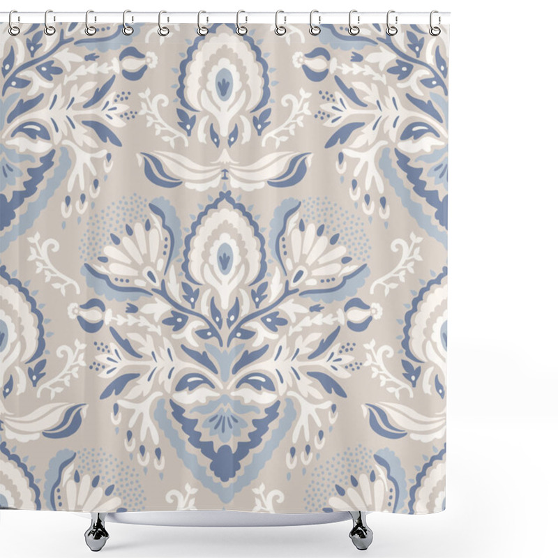 Personality  French Blu Shabby Chic Damask Vector Texture Background. Antique White Blue Heart Seamless Pattern. Hand Drawn Floral Interior Wallpaper Home Decor Swatch. Classic Baroque Medallion All Over Print Shower Curtains