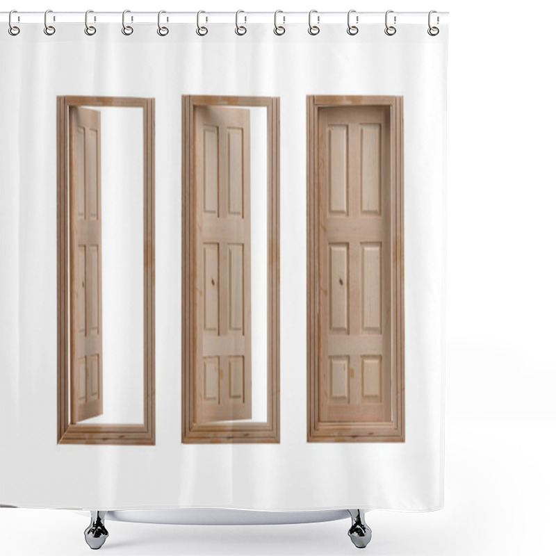 Personality  Open And Closed Wooden Doors Isolated On White Background. Shower Curtains