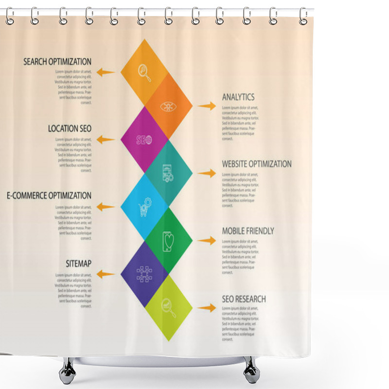 Personality  Seo Infographics Vector Design. Timeline Concept Include Search Optimization, Data Management, Search Result Icons. Can Be Used For Report, Presentation, Diagram, Web Design Shower Curtains