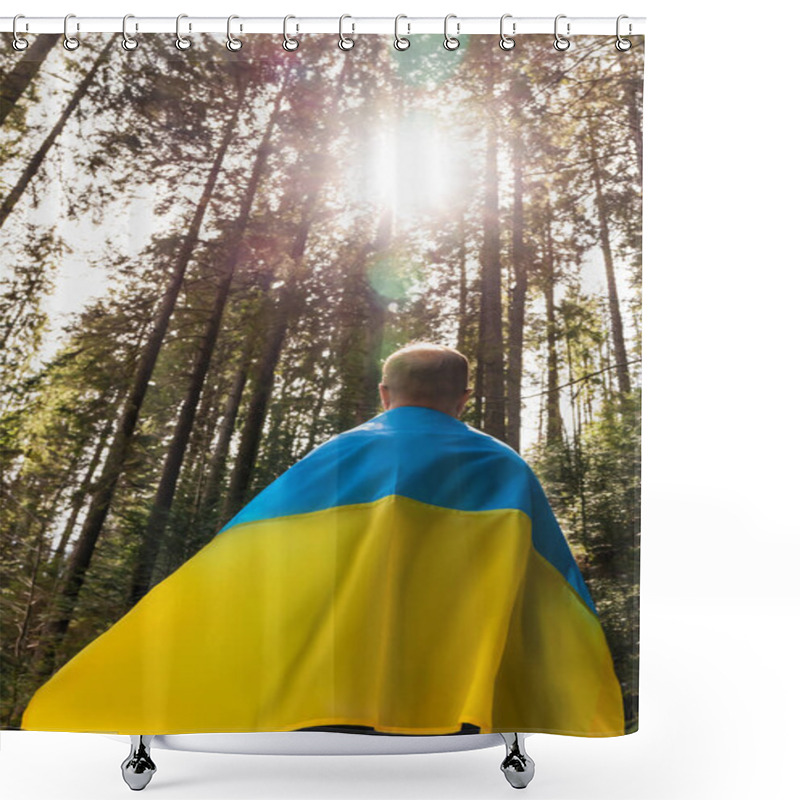 Personality  Back View Of Man In Ukrainian Flag Standing In Surest With Sunlight  Shower Curtains