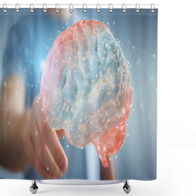 Personality  Businessman On Blurred Background Using Using Digital 3D Projection Of A Human Brain 3D Rendering Shower Curtains