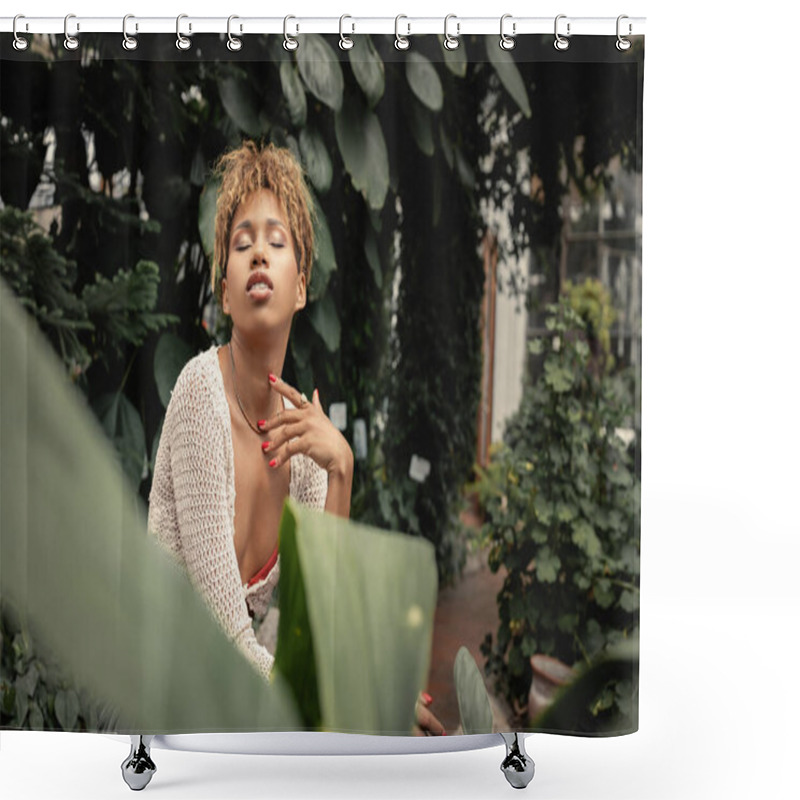 Personality  Young And Trendy African American Woman In Summer Knitted Top Touching Neck And Closing Eyes While Standing Near Plants In Indoor Garden At Background, Stylish Lady Surrounded By Lush Greenery Shower Curtains