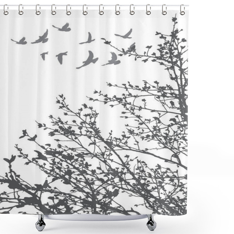 Personality  Vector, Illustration, Silhouette Of Flying Birds And Tree Branches Shower Curtains