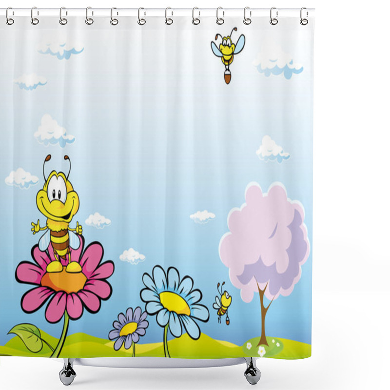 Personality  Bee Cartoon Sitting On Flower Shower Curtains