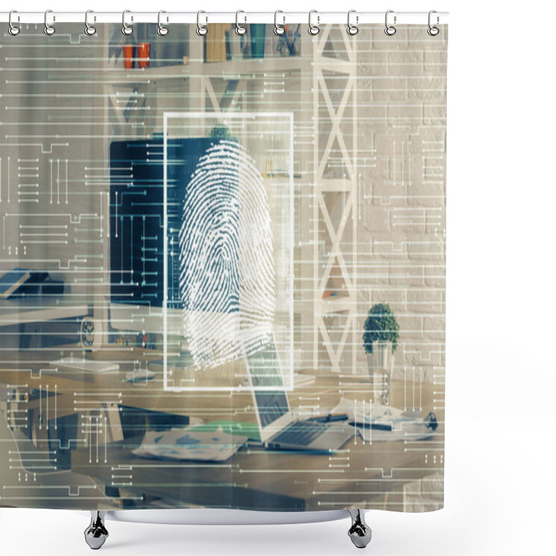 Personality  Computer On Desktop In Office With Finger Print Drawing. Double Exposure. Concept Of Business Data Security. Shower Curtains