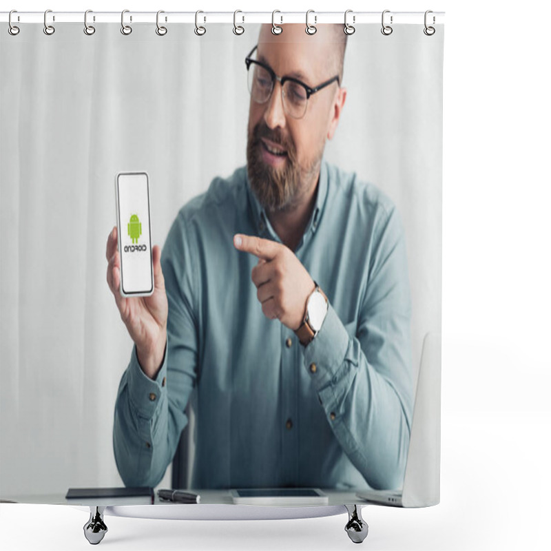 Personality  KYIV, UKRAINE - AUGUST 27, 2019: Handsome Businessman In Shirt Pointing With Finger At Smartphone With Android Logo Shower Curtains