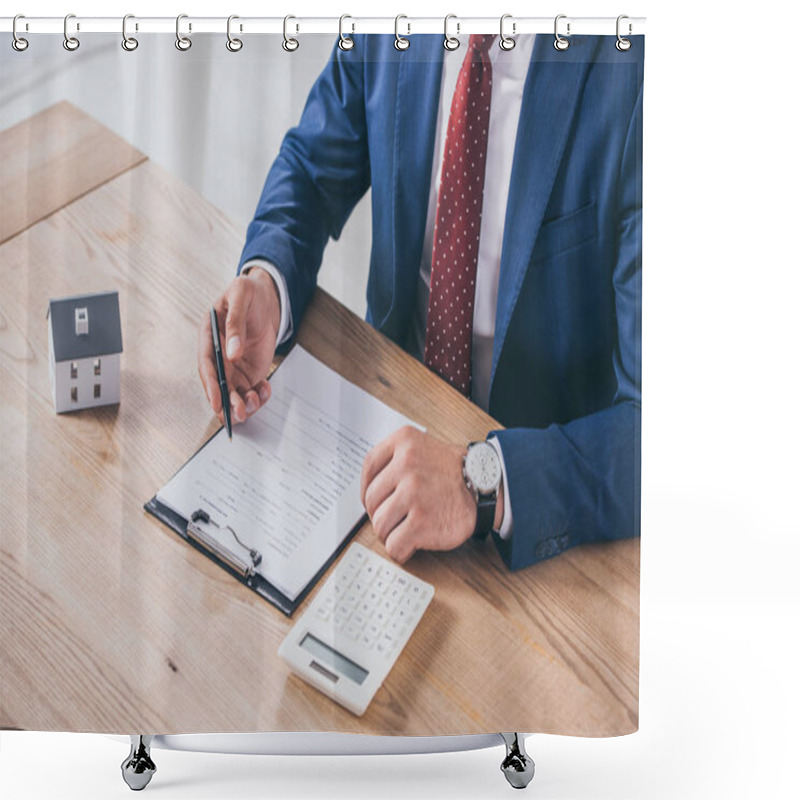 Personality  Cropped View Of Businessman Writing In Contract Near Calculator And House Model Shower Curtains