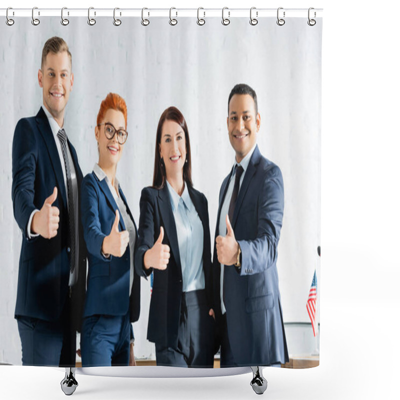 Personality  Smiling Multicultural Politicians With Thumbs Up Looking At Camera While Standing In Boardroom Shower Curtains