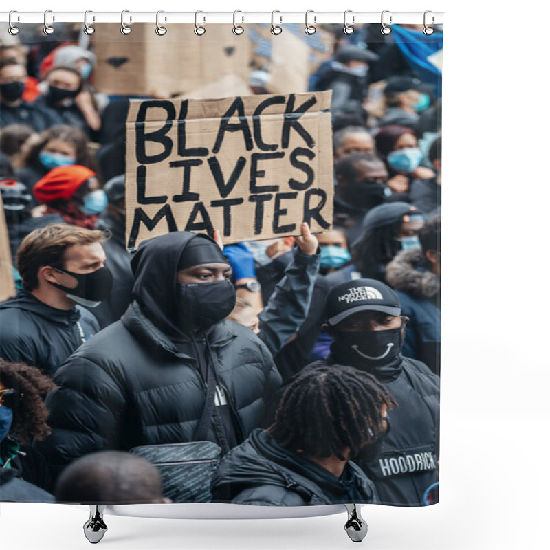 Personality  London / UK - 06/06/2020: Black Lives Matter Protest During Lockdown Coronavirus Pandemic. Protester Holding BLM Banner At Westminster Square Shower Curtains