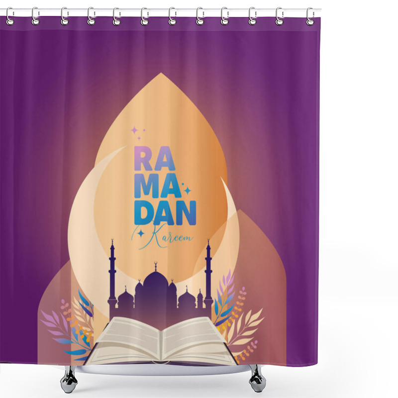 Personality  Ramadan Kareem Background With, Mosque, Crescent Moon Placed In An Arch Frame And Quran Book. Ramadan Mubarak Greeting Social Media Post Template In Line Art Style. Muslim Festive Vector Illustration. Shower Curtains