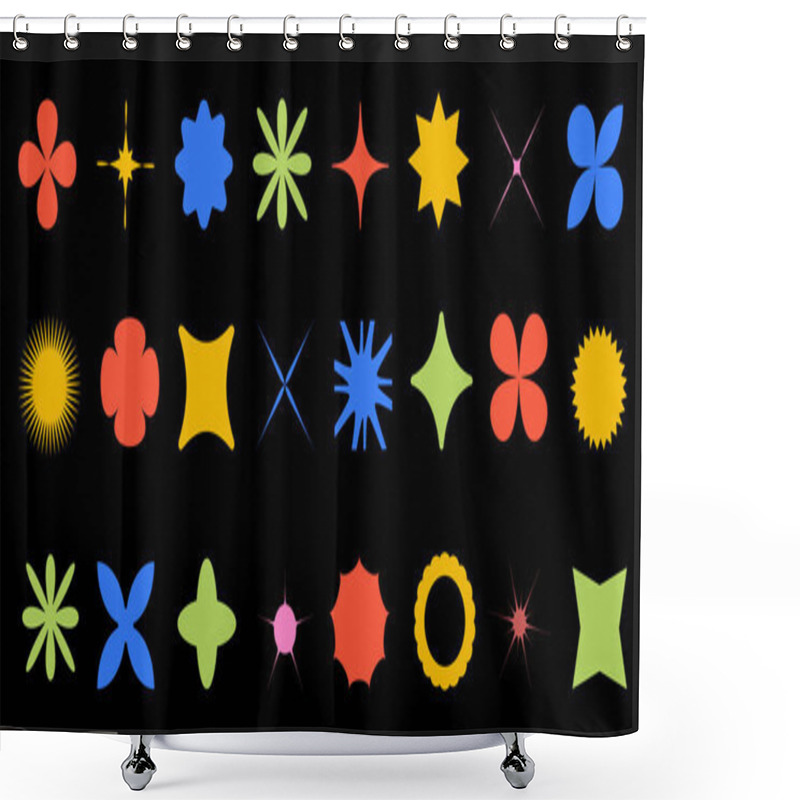 Personality  Abstract Y2K Geometric Shapes. Set Of Bright Futuristic Elements On Black Background. Flat Vector. Shower Curtains