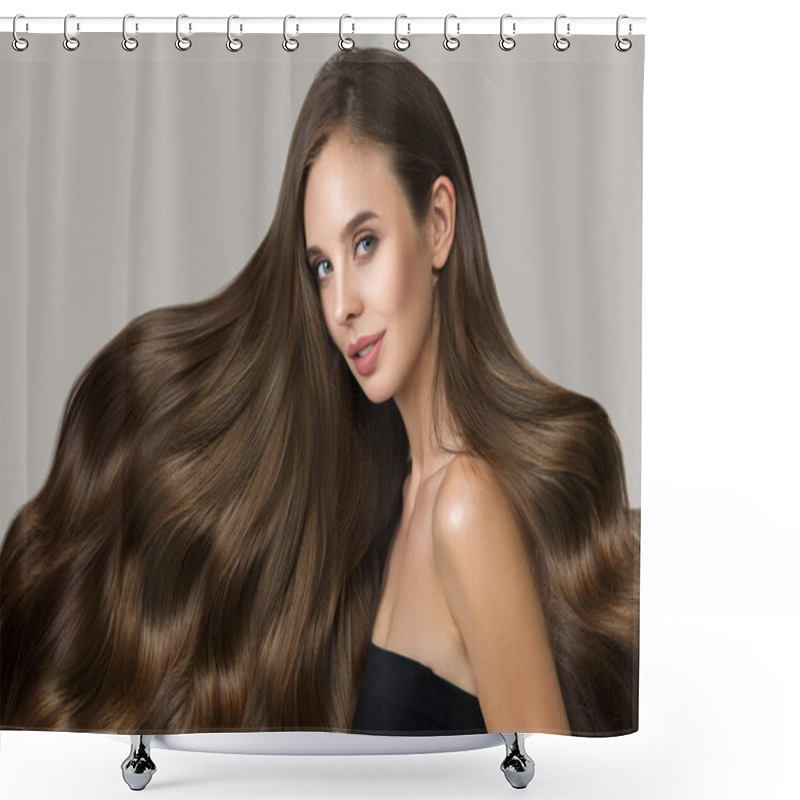 Personality  Portrait Of A Beautiful Young Brunette With Wavy Hair. Woman With Hairstyle And Makeup On Gray Background Shower Curtains