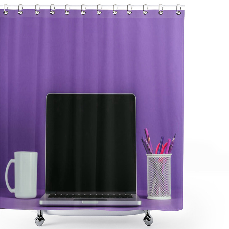 Personality  Workplace With Laptop And Coffee Mug On Purple Surface Shower Curtains