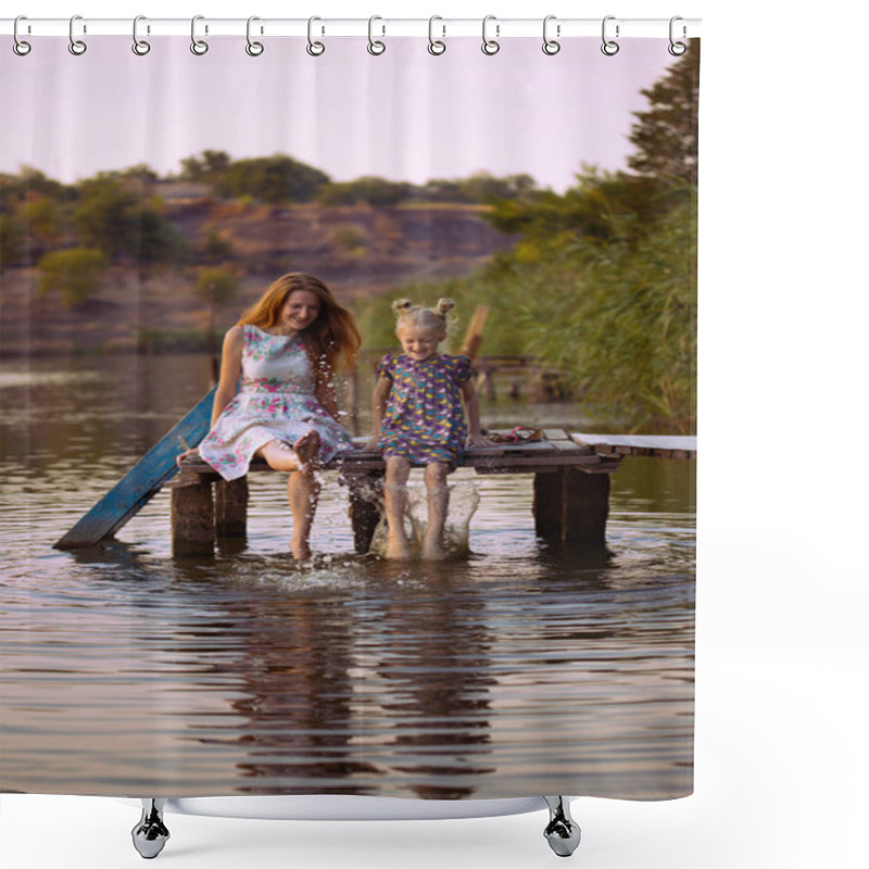 Personality  Mother And Daughter Sitting On The Pier  Shower Curtains