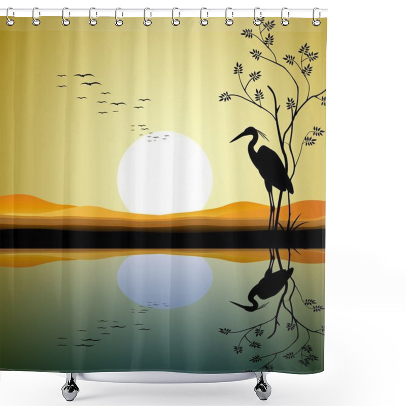 Personality  Heron Silhouette On Lake Shower Curtains