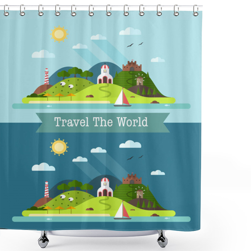 Personality  Landscape With Beach, Hills, Church, Mill, Fortress And Lighthou Shower Curtains