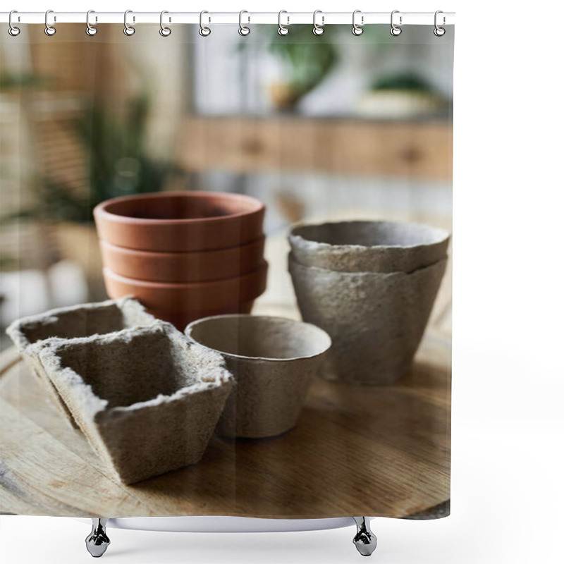 Personality  Clay Pots On Table In Studio. Shower Curtains