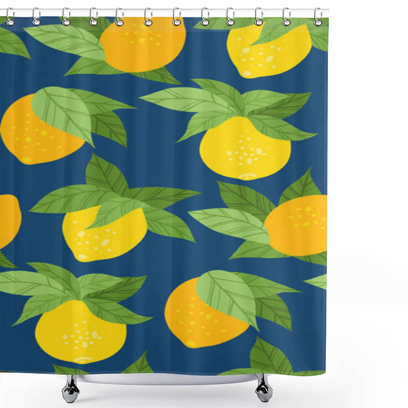 Personality  Vector Seamless Texture With Yellow Lemons With Foliage On A Blue Background. Contrasting Texture With Sour Fruits. Summer Background For Fabrics, Wrapping Paper And Wallpaper Shower Curtains