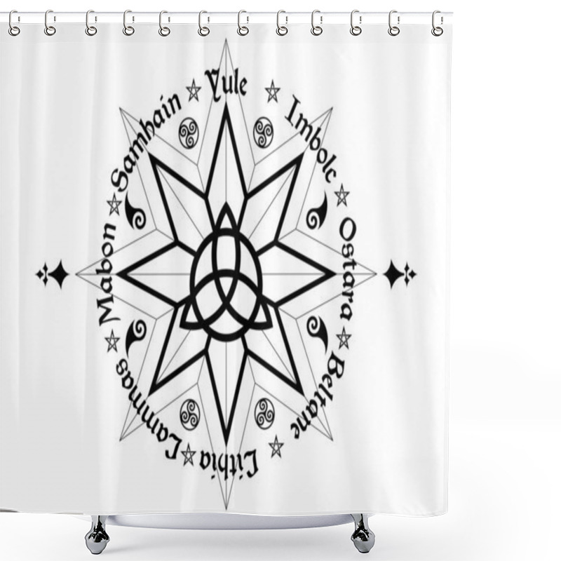 Personality  Book Of Shadows Wheel Of The Year Modern Paganism Wicca. Wiccan Calendar And Holidays. Compass With In The Middle Triquetra Symbol From Charmed Celtic. Vector Isolated On White Background  Shower Curtains