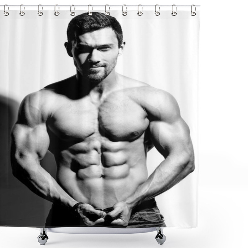 Personality  Portrait Of Strong Healthy Handsome Athletic Man Fitness Model Posing Near White Wall Shower Curtains