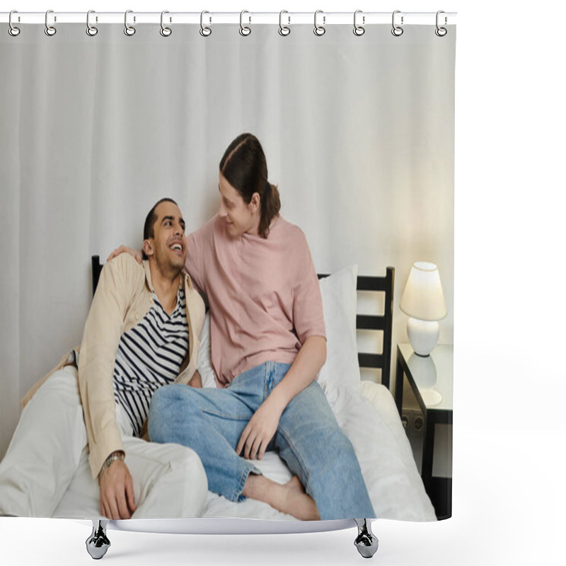 Personality  A Young Gay Couple In Casual Attire Shares A Laugh And A Comfortable Moment Together On A Bed In A Modern Apartment. Shower Curtains