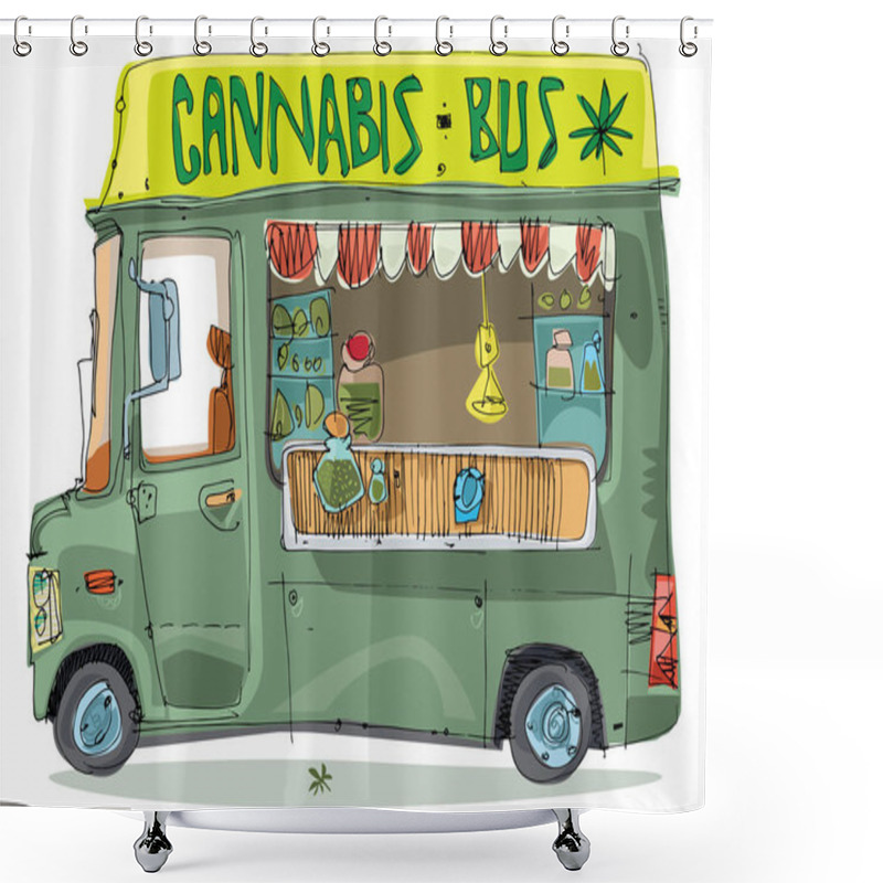 Personality  Bus Full Of All Sorts Marijuana. Cannabis Fest. Street Selling Of Weeds. Cartoon. Caricature. Shower Curtains