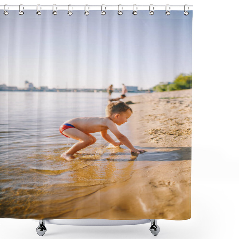 Personality  Theme Is Summer Time And Rest Near The Water. Little Joyful Caucasian Funny Boy Plays And Enjoys In The River. The Child Is Resting And Swimming In The Lake Pond Sandy Beach Shower Curtains