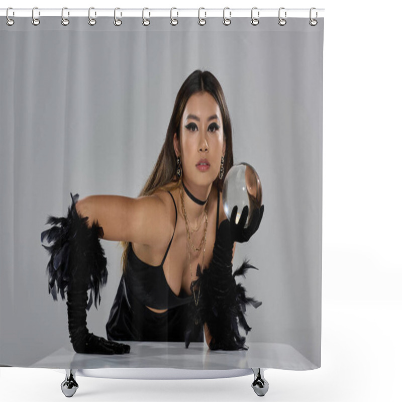 Personality  A Woman In A Black Outfit Gazes Intently Into A Crystal Ball. Shower Curtains