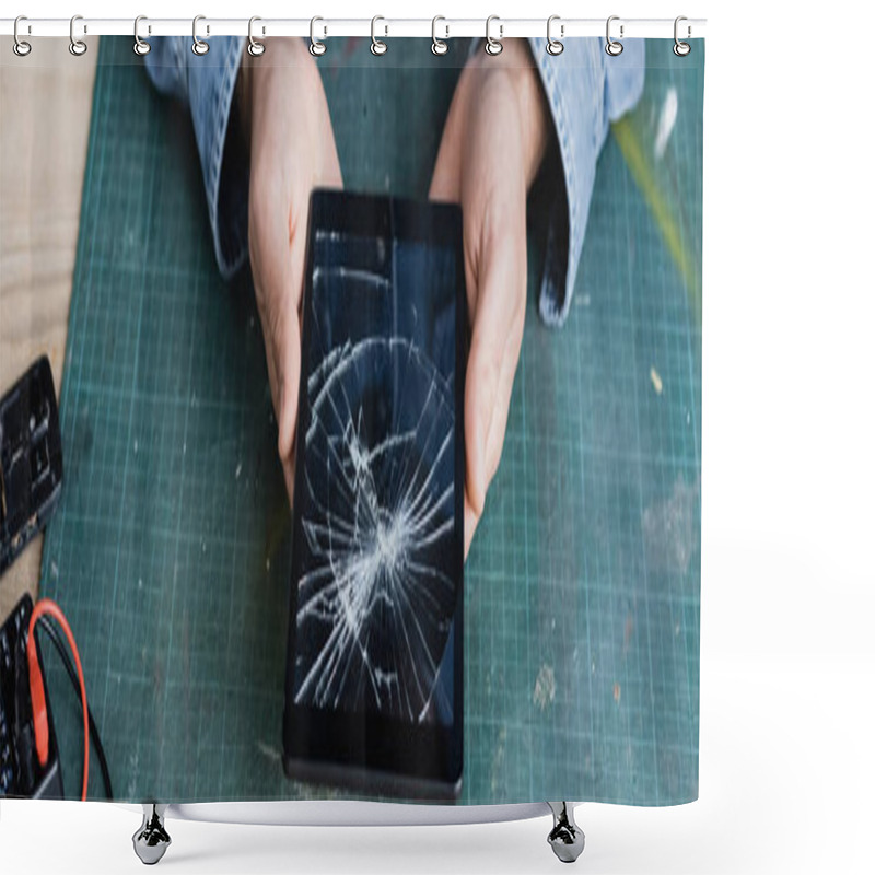 Personality  Cropped View Of Repairman Holding Smashed Digital Tablet At Workplace, Banner Shower Curtains