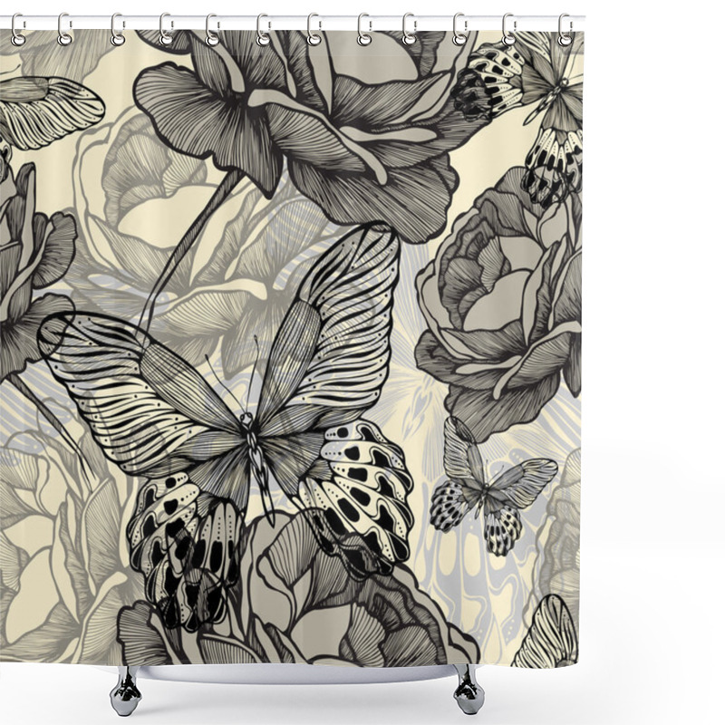 Personality  Seamless Pattern With Blooming Wild Roses And Decorative Butterf Shower Curtains