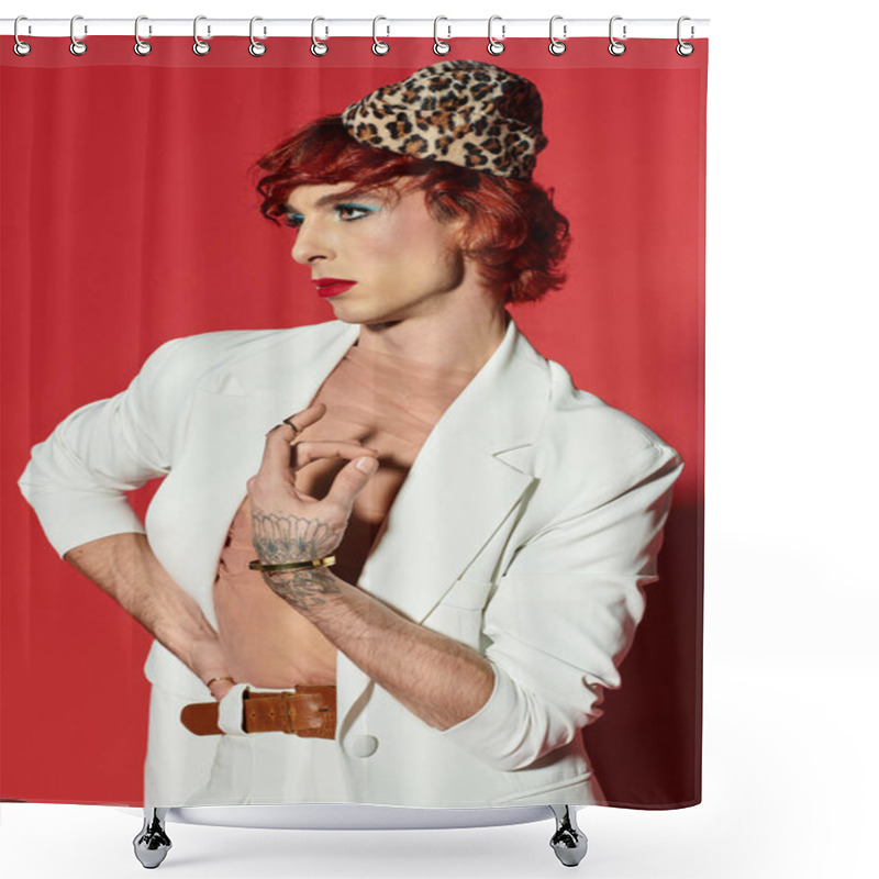 Personality  A Young Man Poses Confidently In Stylish Attire Against A Vibrant Red Background. Shower Curtains