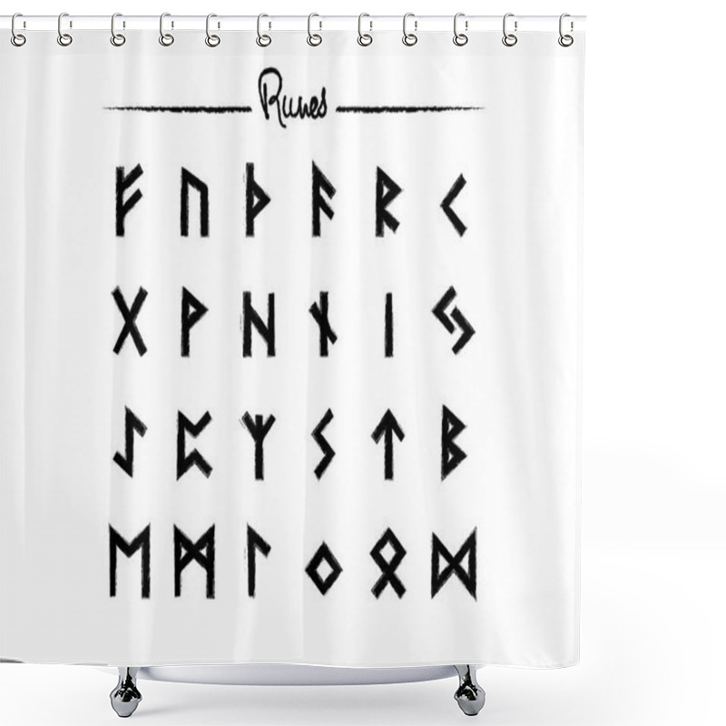 Personality  Viking Runes, Elder Futhark Alphabet. Retro Norse Scandinavian Runes. Sketch Celtic Ancient Letters. Old Hieroglyphic Occult Set Icons. Medieval Viking Symbols. Vector Isolated On White Background Shower Curtains