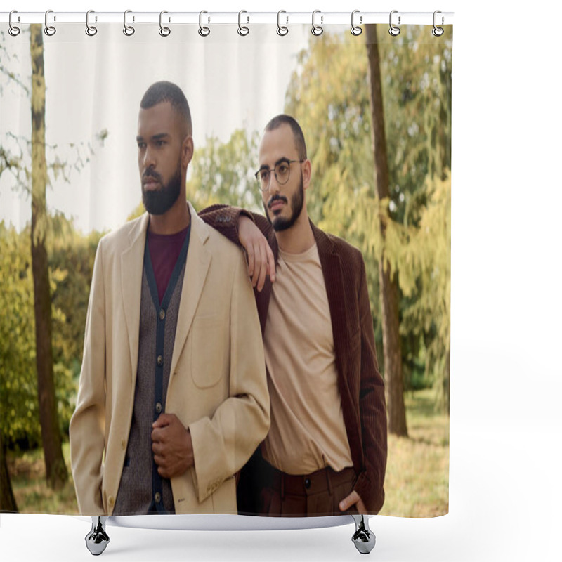 Personality  Two Fashionable Men Stand Together In A Serene Autumn Field, Exuding Charm And Style In Their Outfits. Shower Curtains