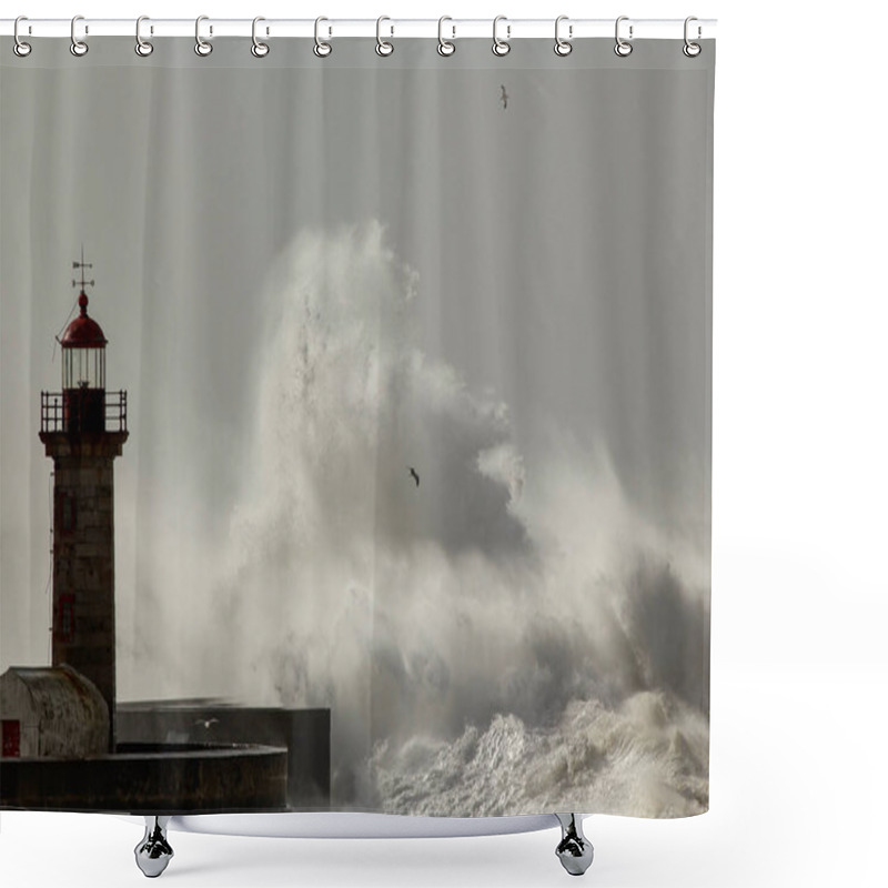 Personality  Old Lighthouse And Pier Of Douro River Mouth Under Heavy Storm With Big Splashing Waves. Shower Curtains