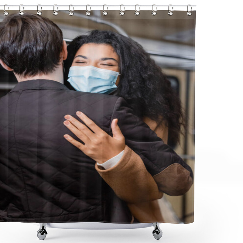 Personality  Back View Of Man Hugging African American Girlfriend In Medical Mask In Subway  Shower Curtains