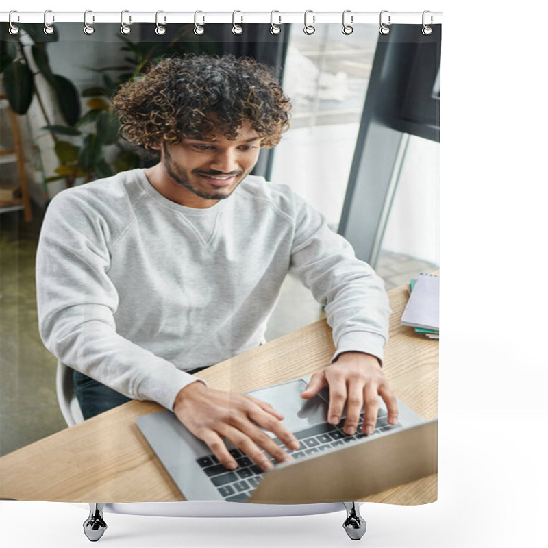 Personality  A Man From Diverse Group Works On Laptop At A Table In A Modern Coworking Space. Shower Curtains